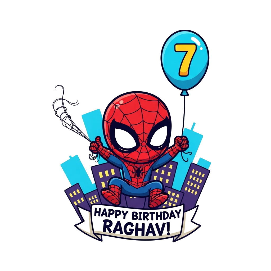 Custom design: A super cute, chibi-style Spider-Man swinging through a cityscape, holding a balloon with the number '7' and a banner...