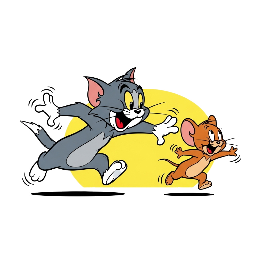 Custom design: A vibrant, playful cartoon illustration of Tom the cat comically chasing Jerry the mouse, with exaggerated expression...
