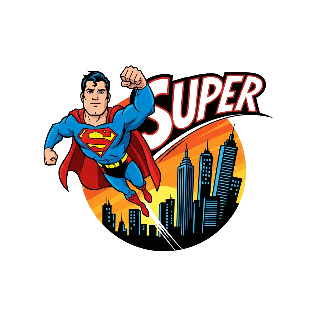 Custom design: A dynamic illustration of a stylized, bold Superman flying through a city skyline at sunset, with a prominent 'S' shi...