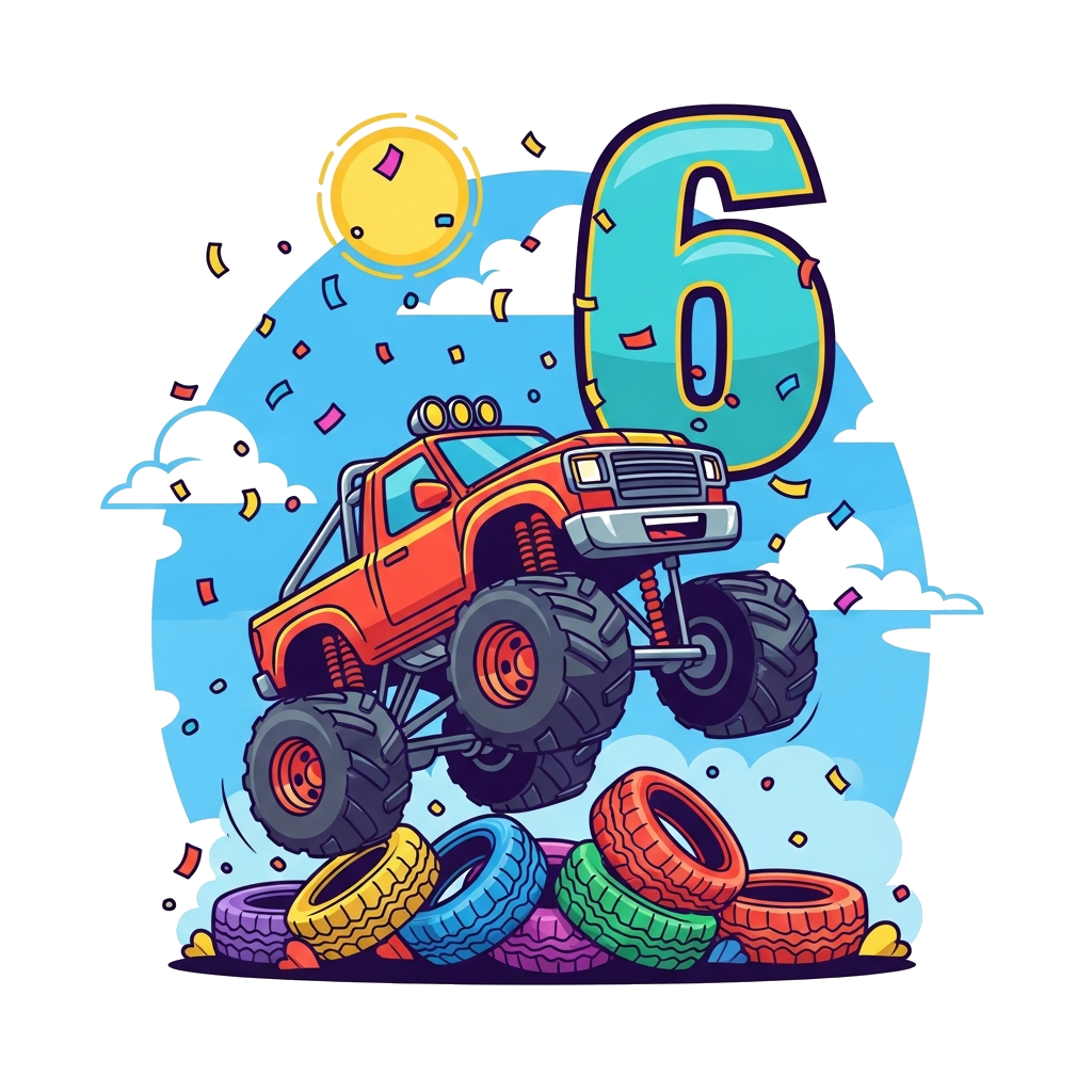 Custom design: A vibrant cartoon illustration of a happy monster truck jumping over a pile of colorful tires, with confetti and a bi...