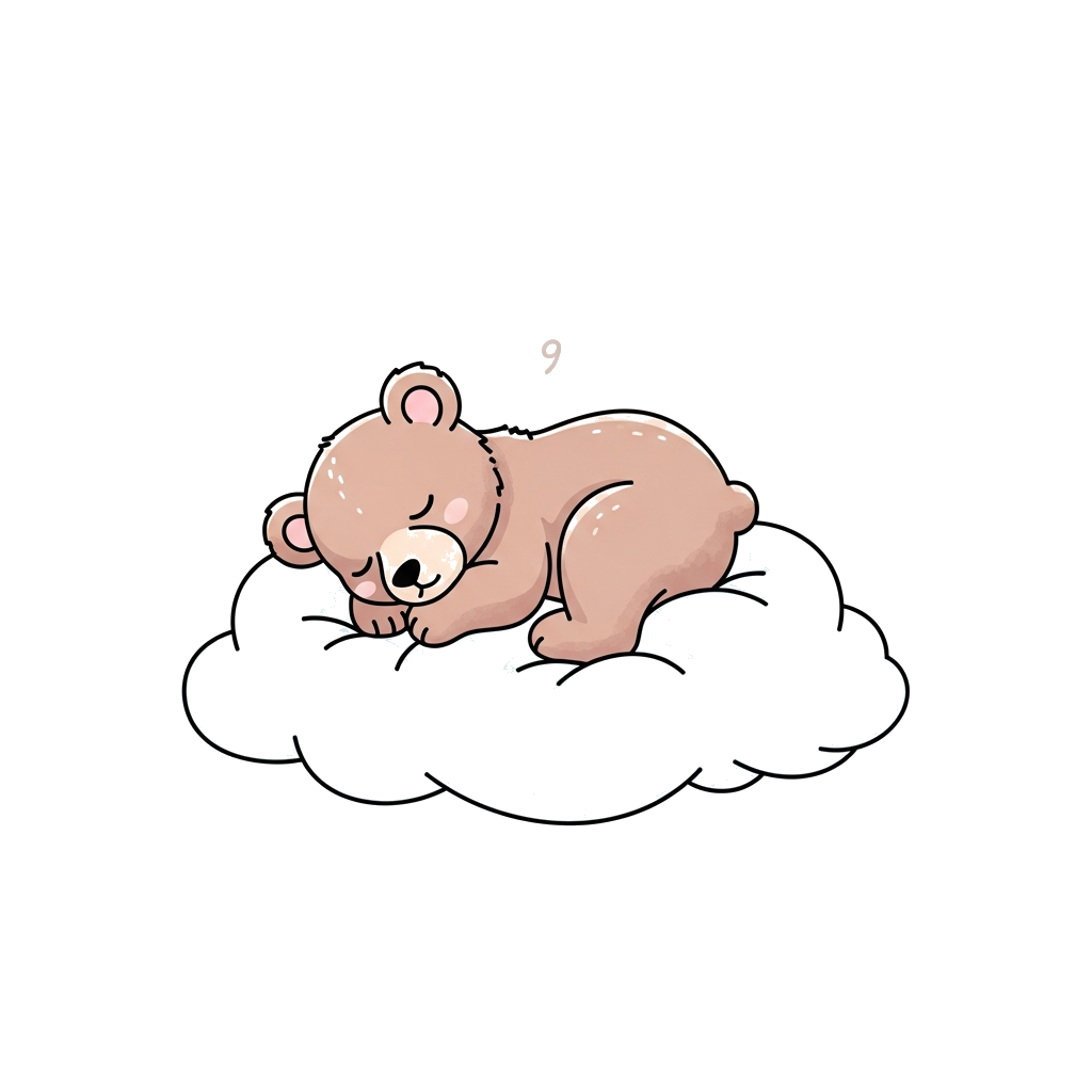 Custom design: A very soft and minimalist illustration of a baby bear cub sleeping peacefully on a fluffy cloud, with a tiny, subtle...