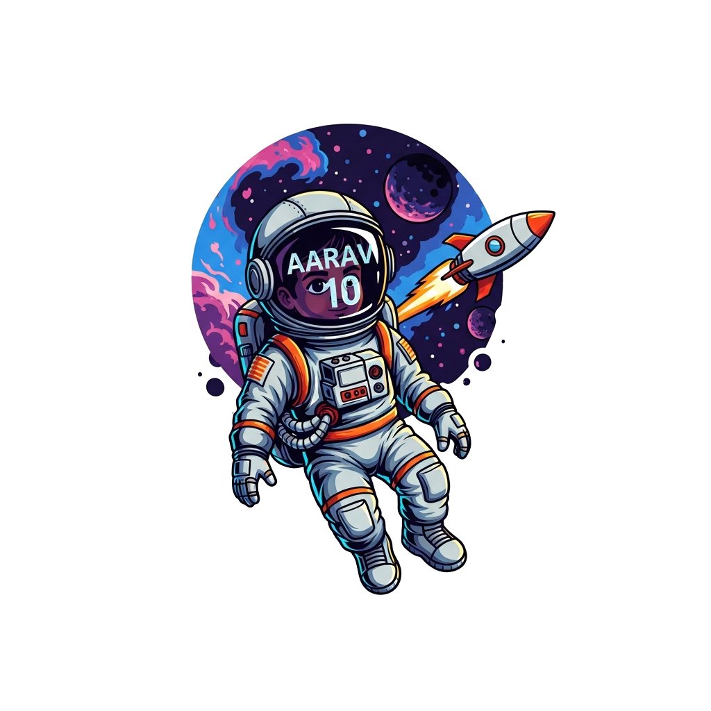 Custom design: A bold and cool illustration of a young Indian boy astronaut, with 'Aarav' and '10' subtly integrated into his helmet...