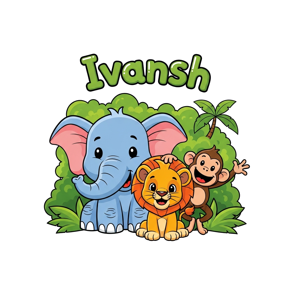 Custom design: A cheerful cartoon elephant, lion cub, and monkey playing together in a lush green jungle scene, with 'Ivansh' writte...
