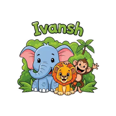 Design: A cheerful cartoon elephant, lion cub, and monkey playing together in a lush ...