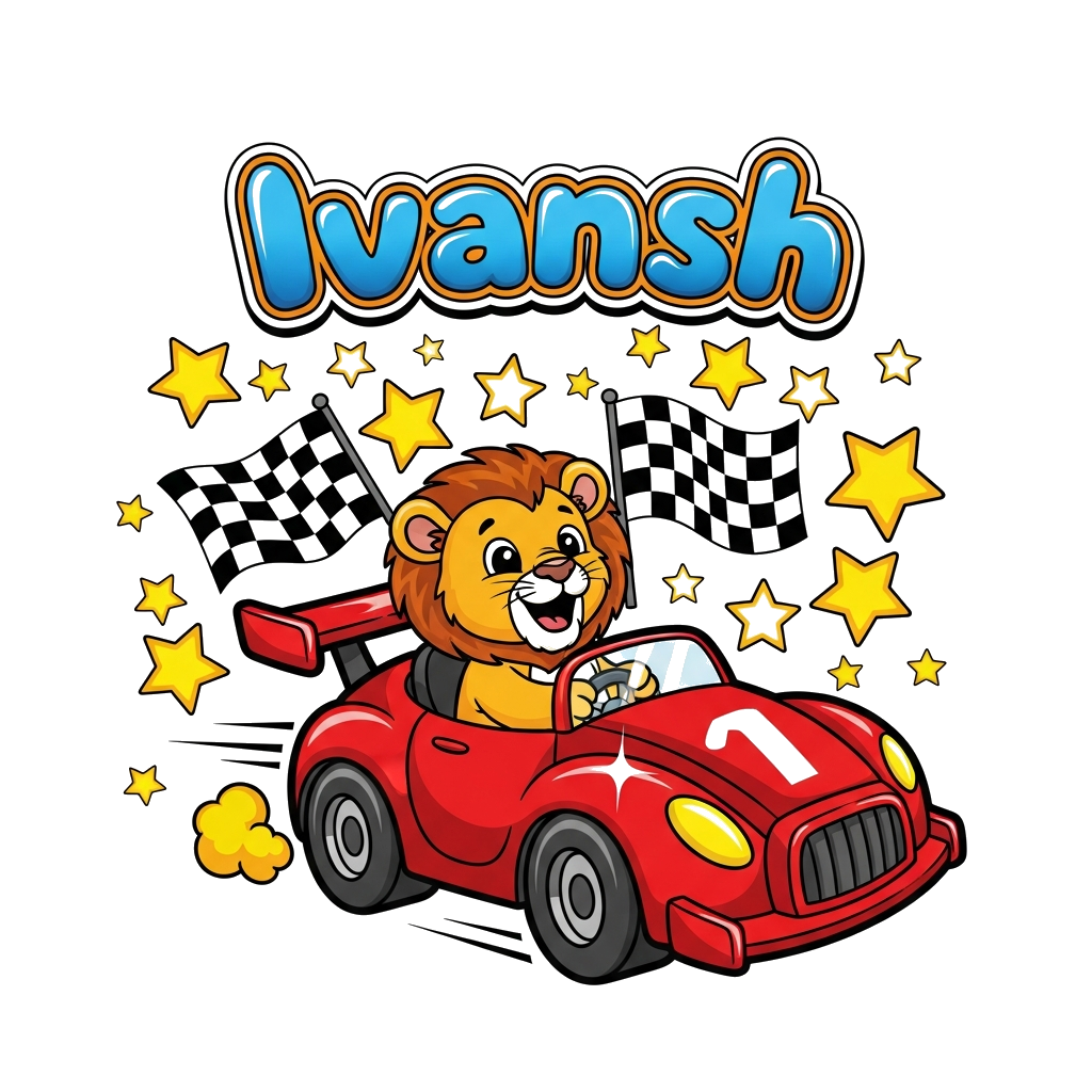 Custom design: A cheerful, cute cartoon lion cub driving a vibrant red race car, with 'Ivansh' written in playful bubble letters abo...