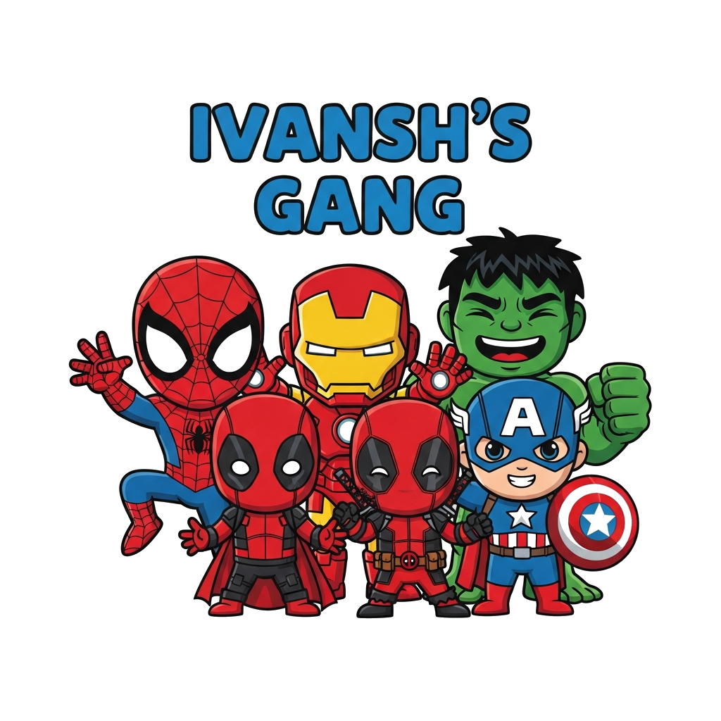 Custom design: A group of adorable, chibi-style cartoon superheroes (Spider-Man, Superman, Iron Man, Deadpool, Hulk, Captain America...