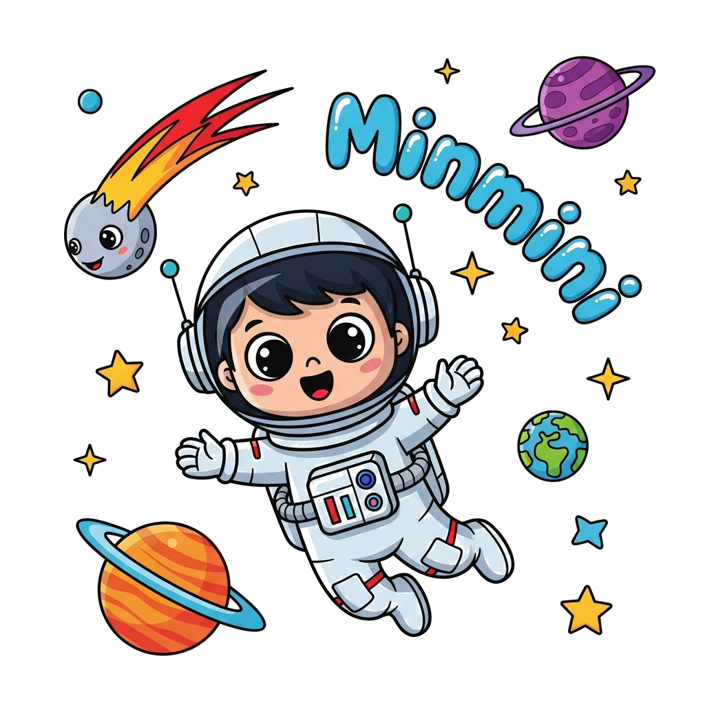 Custom design: A cute cartoon astronaut, a small child with big curious eyes, floating happily in a vibrant space scene with colorfu...