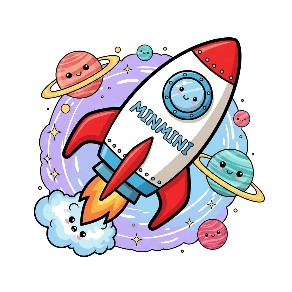 Custom design: A cheerful, smiling cartoon rocket ship with the name 'Minmini' painted on its side, soaring through a pastel galaxy ...