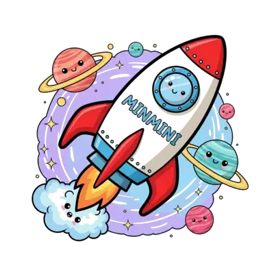 Design: A cheerful, smiling cartoon rocket ship with the name 'Minmini' painted on it...