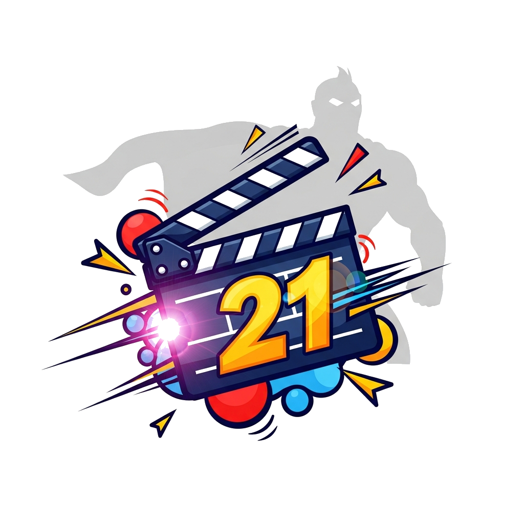 Custom design: A sleek, modern cinema clapperboard with the number '21' dynamically integrated, surrounded by abstract action elemen...
