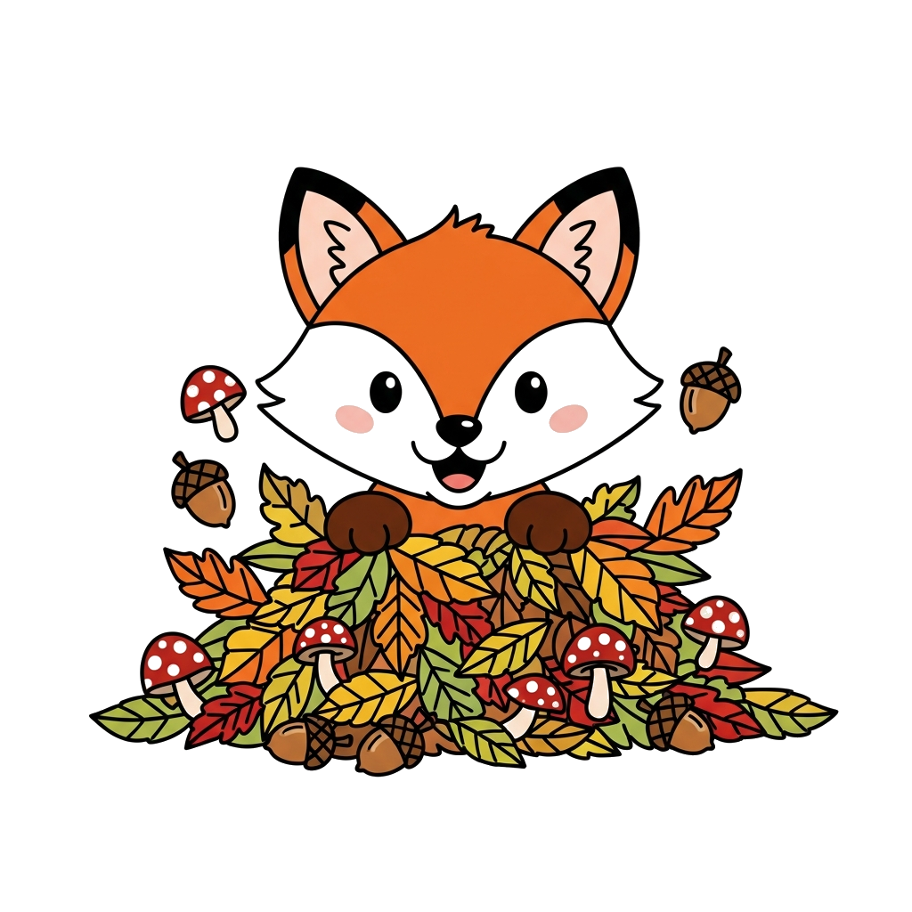 Custom design: A cheerful cartoon fox cub peeking out from a pile of vibrant autumn leaves, surrounded by tiny acorns and mushrooms,...