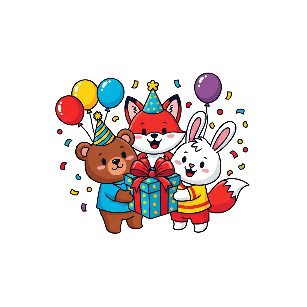Custom design: A cheerful group of diverse, cute cartoon animals (like a bear, a fox, and a bunny) holding a brightly wrapped gift b...