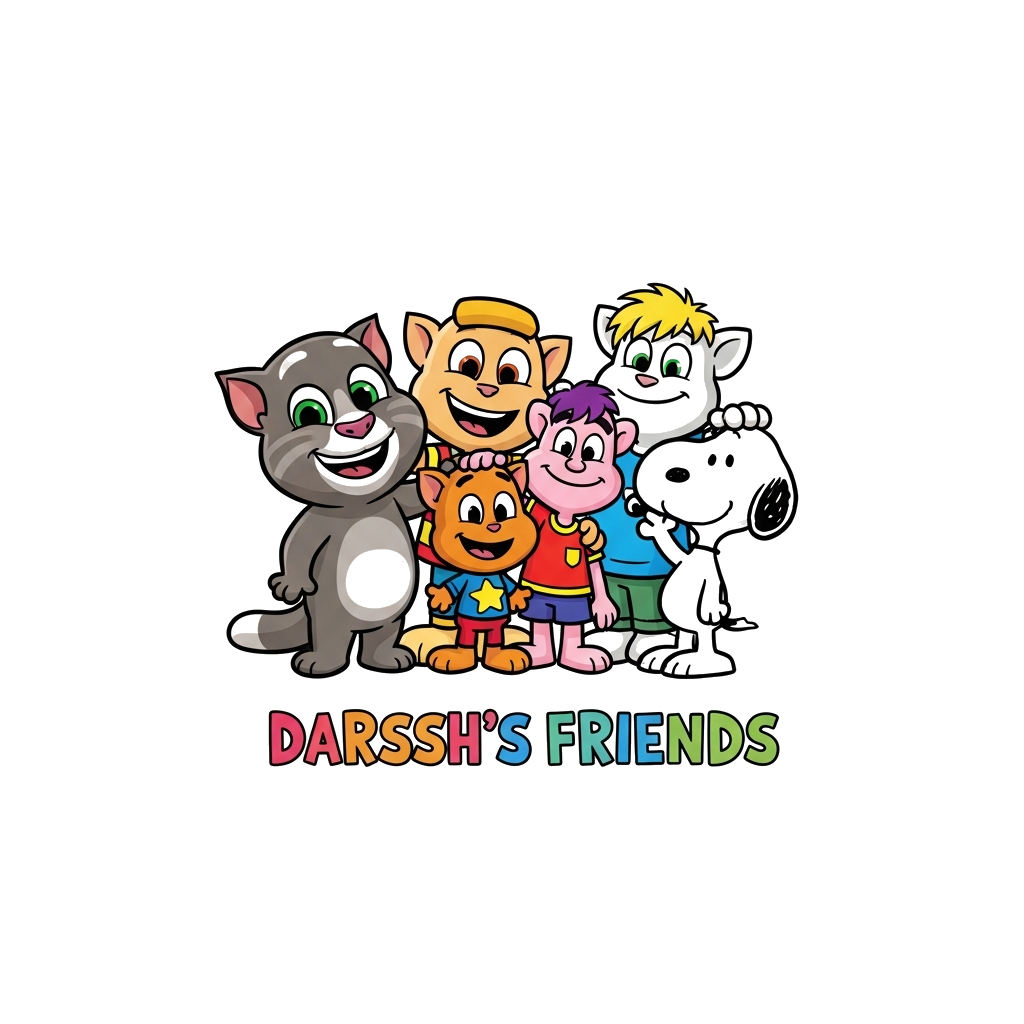 Custom design: A cheerful, cute cartoon illustration of Talking Tom, Motu, Patlu, and Snoopy happily gathered together, with the tex...