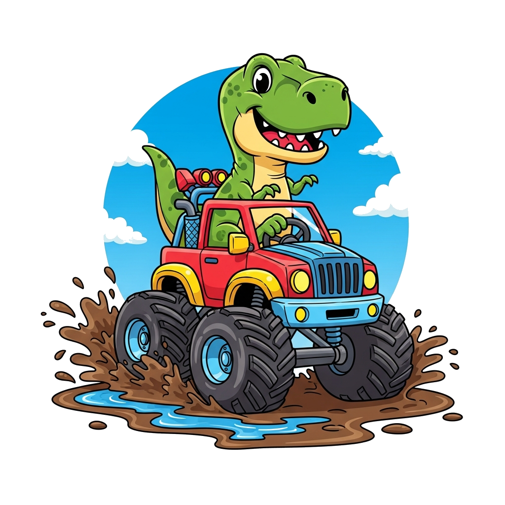 Custom design: A super cute cartoon T-Rex happily driving a vibrant, chunky monster truck through a muddy puddle, splashing cheerful...