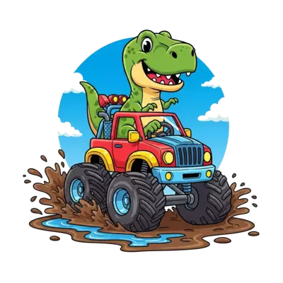 Design: A super cute cartoon T-Rex happily driving a vibrant, chunky monster truck th...