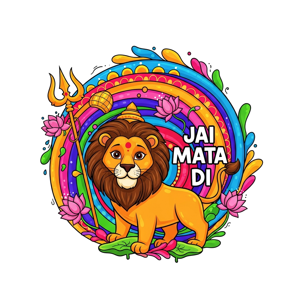 Custom design: A vibrant, modern cartoon illustration of a friendly lion, symbolizing Goddess Durga's vahana, surrounded by a swirli...