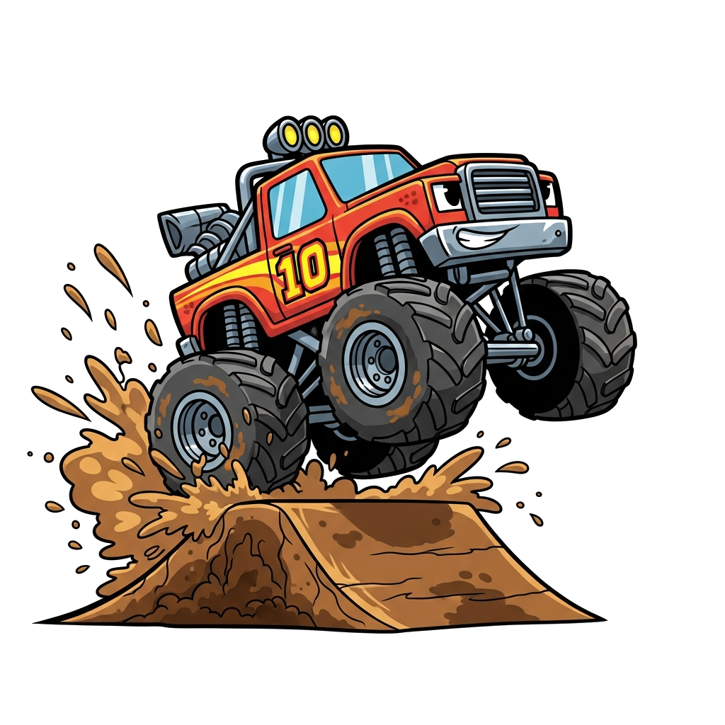 Custom design: A cool cartoon monster truck jumping over a ramp with the number '10' prominently displayed on its side, surrounded b...