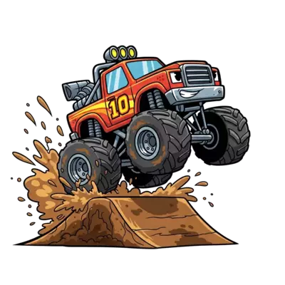 Design: A cool cartoon monster truck jumping over a ramp with the number '10' promine...