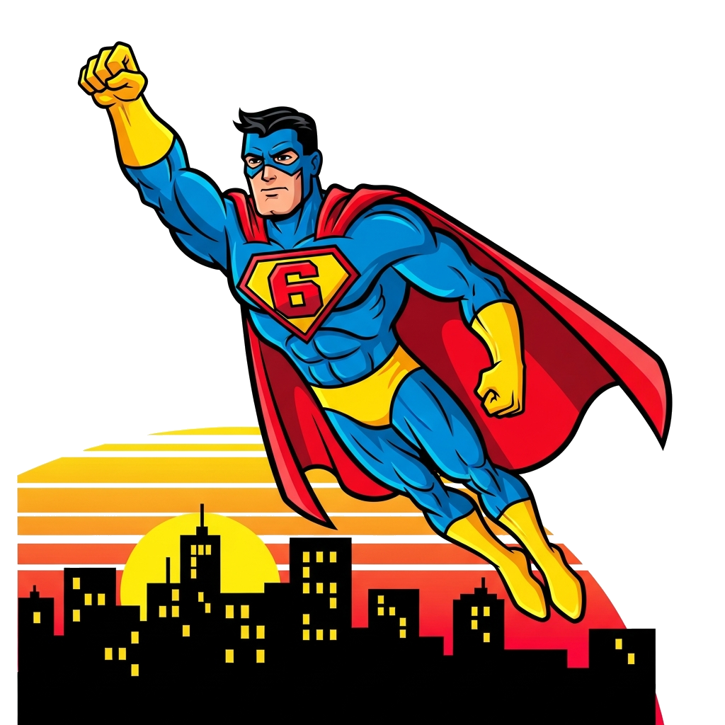 Custom design: A powerful cartoon superhero character, flying dynamically over a cityscape at sunset, with a flowing cape and strong...