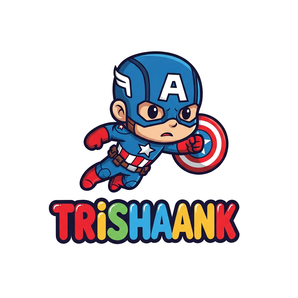 Custom design: A cute cartoon chibi Captain America flying with his shield, with the name 'Trishaank' written in a playful, bubbly f...