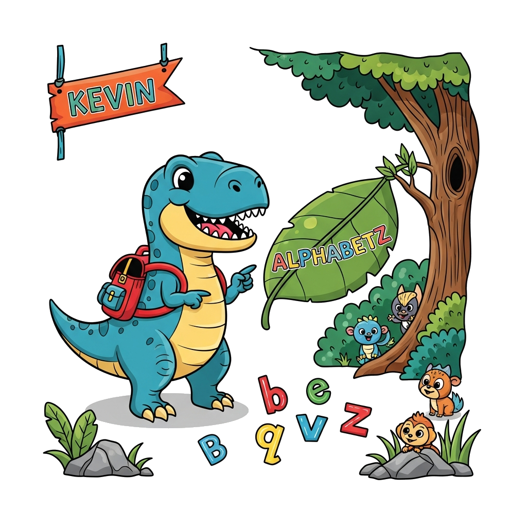 Custom design: A super cute cartoon T-Rex wearing a tiny school backpack, happily pointing at a large leaf with 'Alphabetz' written ...