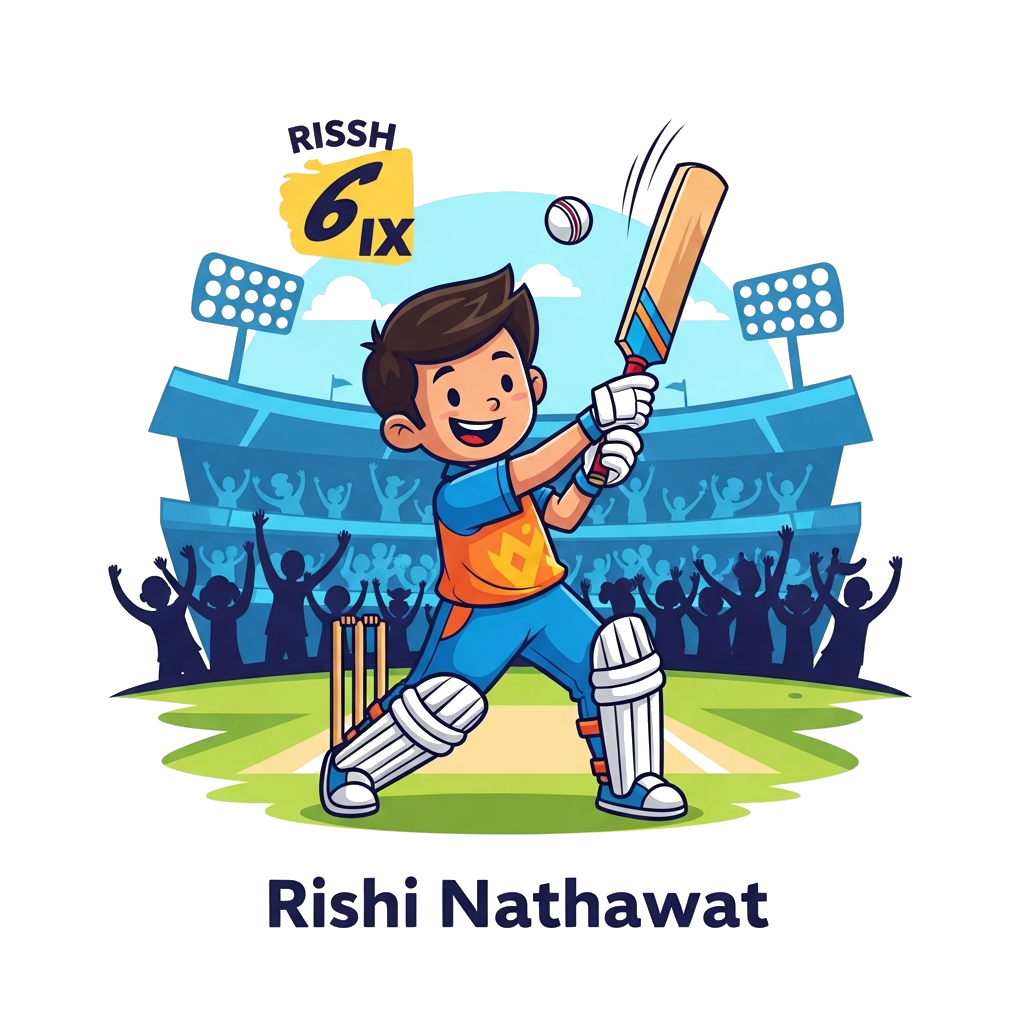 Custom design: A cheerful cartoon boy named Rishi Nathawat, dressed in a cricket uniform, hitting a six with a cricket bat, surround...