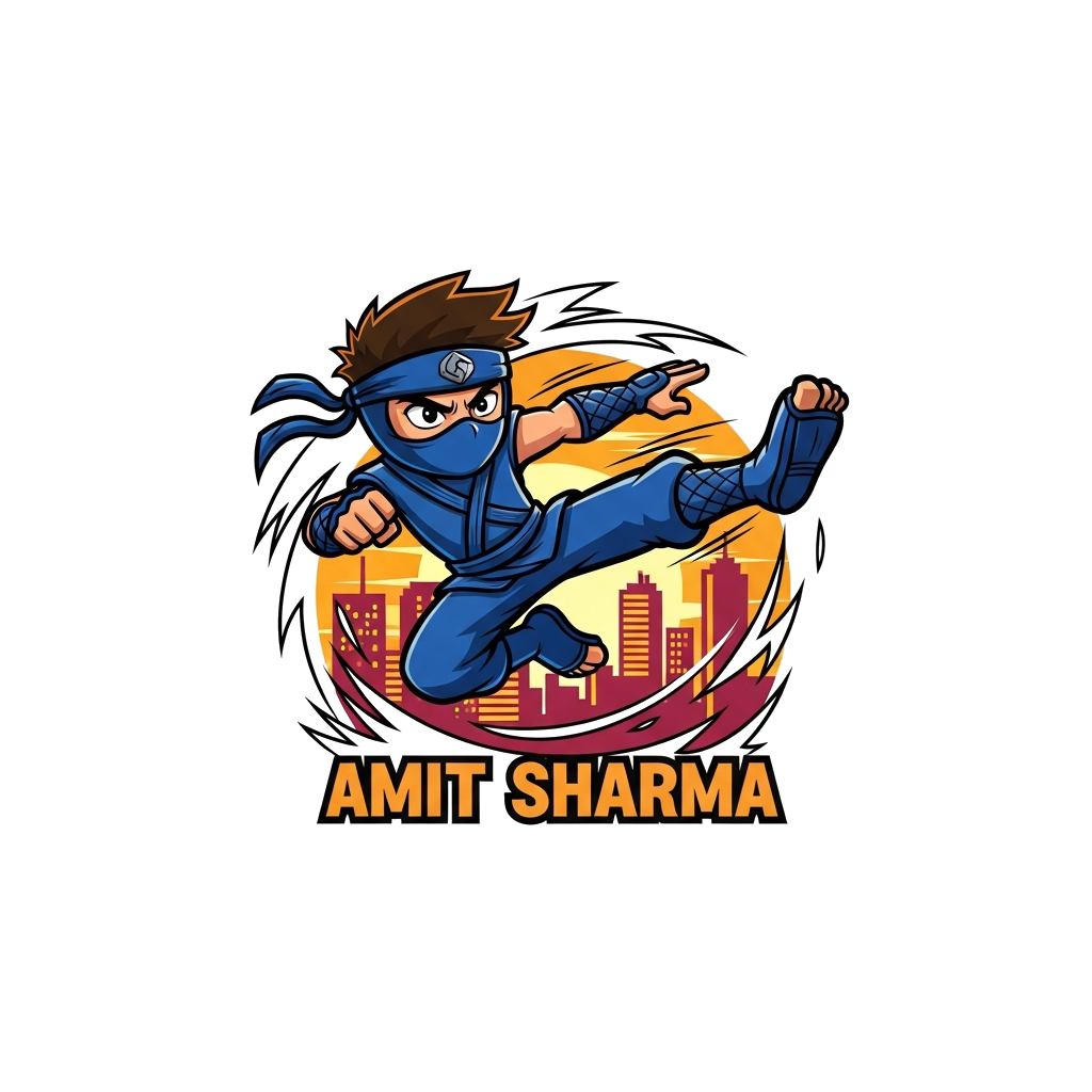 Custom design: A dynamic, bold cartoon illustration of a young, powerful ninja character mid-air with a flying kick, surrounded by e...