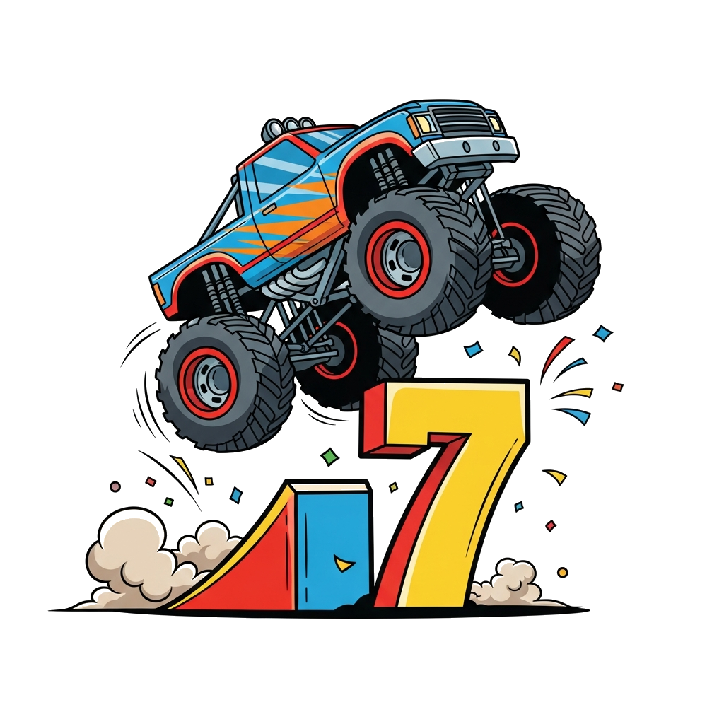 Custom design: A dynamic, bold illustration of a cool monster truck jumping over a stylized number 7, with dust clouds and confetti ...