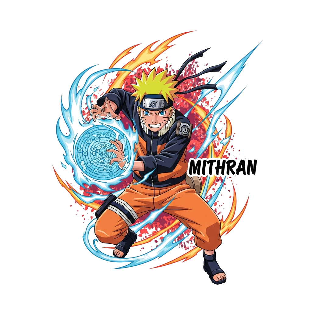 Custom design: An action-packed illustration of Naruto Uzumaki in his signature stance, dynamic pose with a Rasengan, surrounded by ...