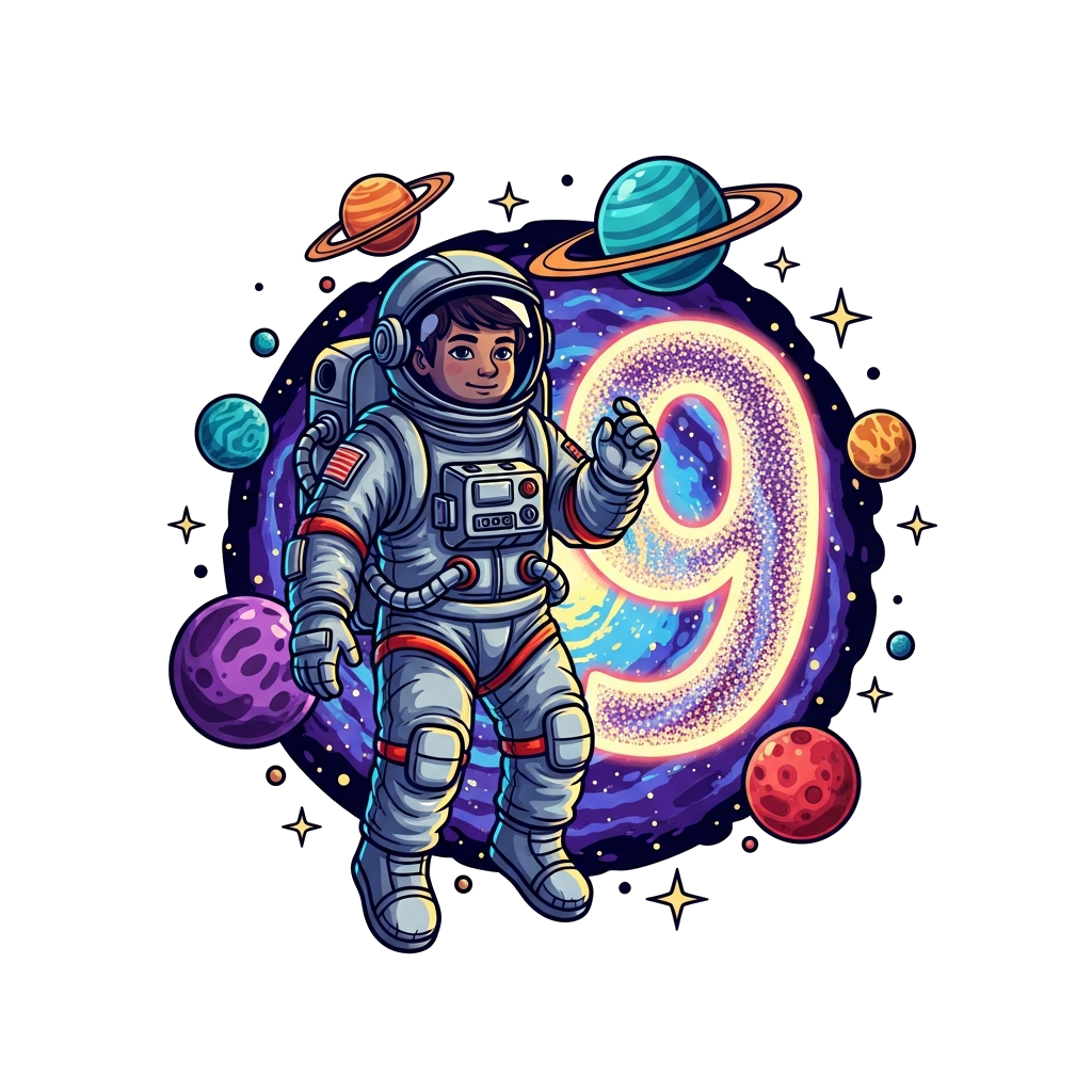 Custom design: A detailed but friendly young astronaut boy, wearing a realistic space suit, floating in a vibrant galaxy next to a g...