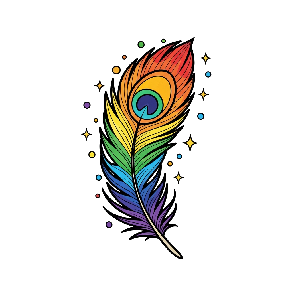 Custom design: A vibrant, playful cartoon peacock feather, bursting with bright rainbow colors, surrounded by tiny sparkling stars a...