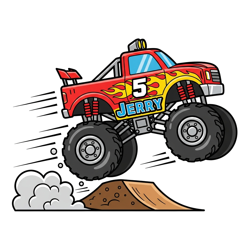 Custom design: A dynamic, bold illustration of a powerful monster truck jumping over a dirt ramp, with the number '5' prominently di...