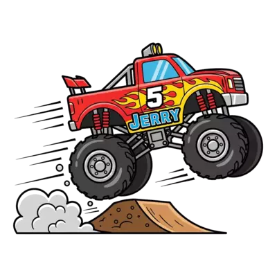 Design: A dynamic, bold illustration of a powerful monster truck jumping over a dirt ...