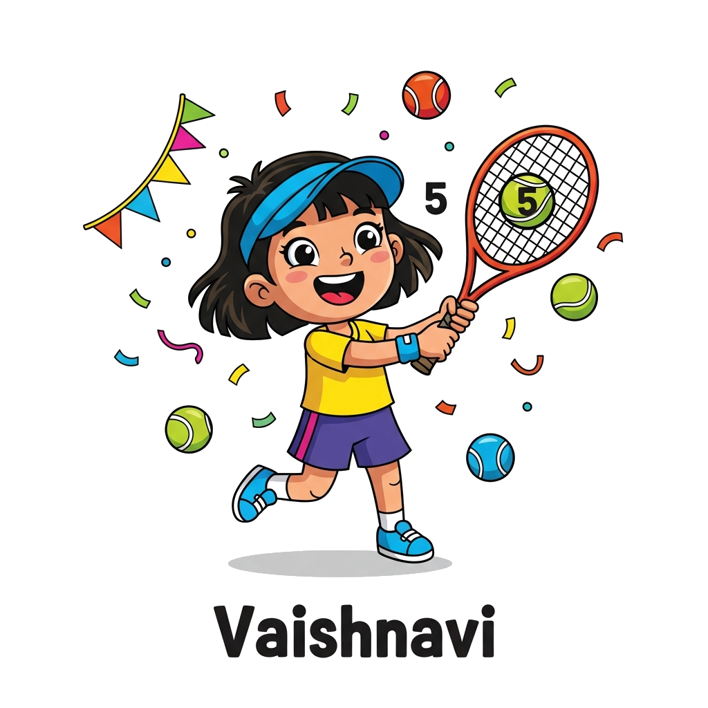 Custom design: A vibrant, playful illustration of a cartoon girl named Vaishnavi, aged 5, joyfully playing tennis with a big smile. ...