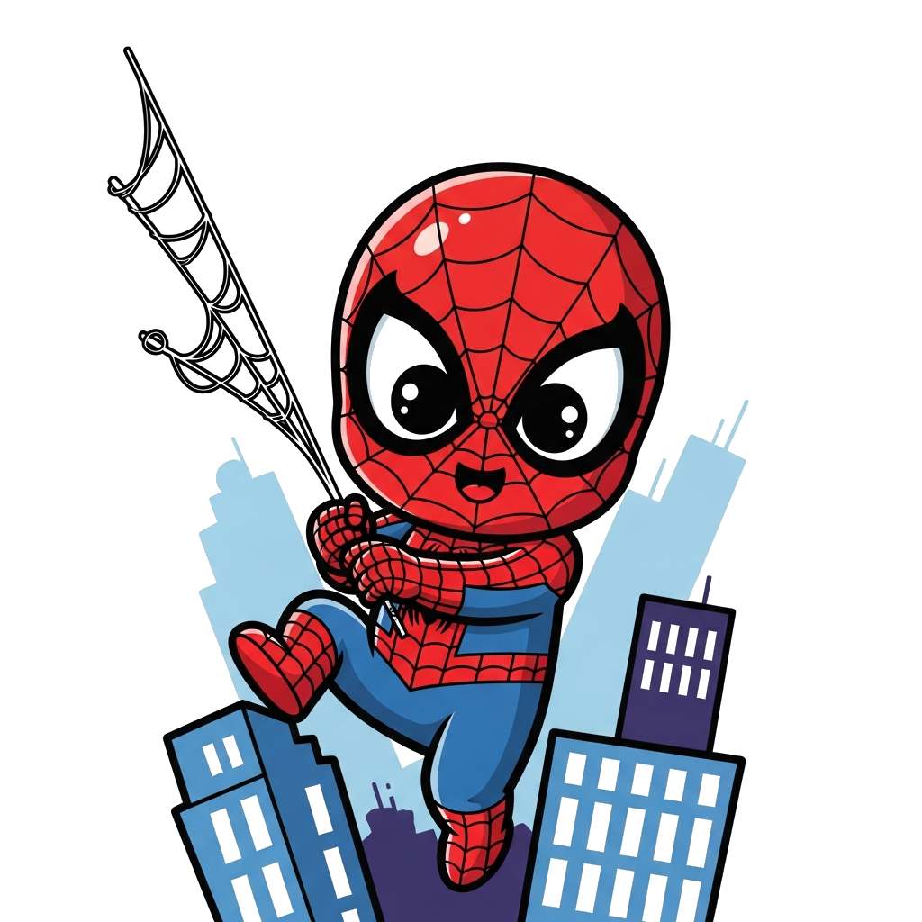 Custom design: A cute cartoon illustration of baby Spiderman swinging through a city, with big friendly eyes and a playful expressio...