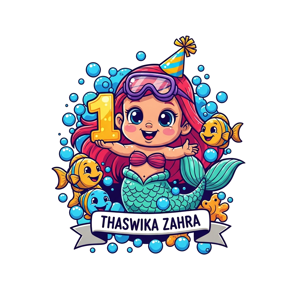 Custom design: A super cute baby mermaid with big friendly eyes, wearing a tiny party hat, playfully holding a golden number '1', su...