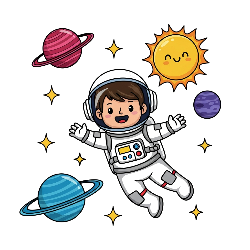 Custom design: A cheerful cartoon boy astronaut floating happily in space, surrounded by colorful planets, twinkling stars, and a fr...