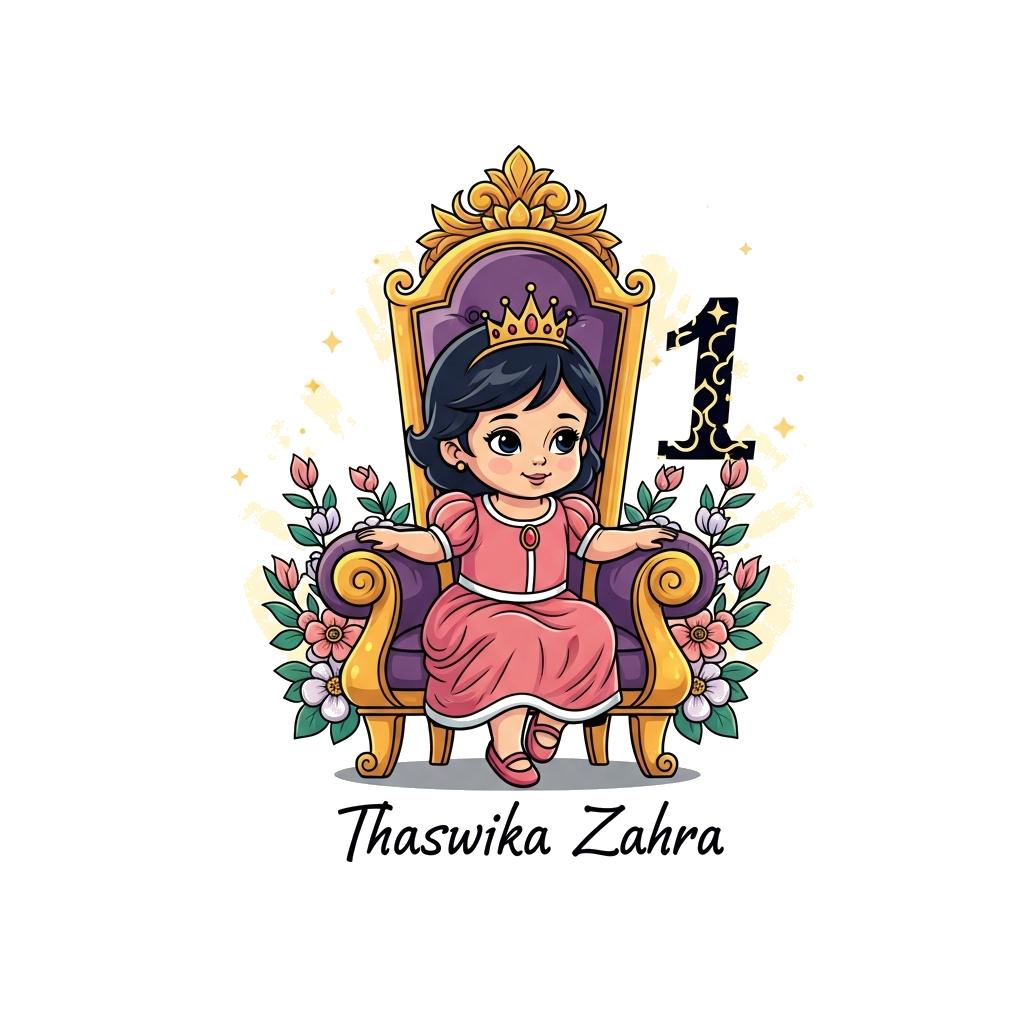 Custom design: A regal baby princess with a tiny crown, sitting gracefully on a golden throne, surrounded by soft, glowing light and...