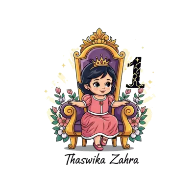 Design: A regal baby princess with a tiny crown, sitting gracefully on a golden thron...