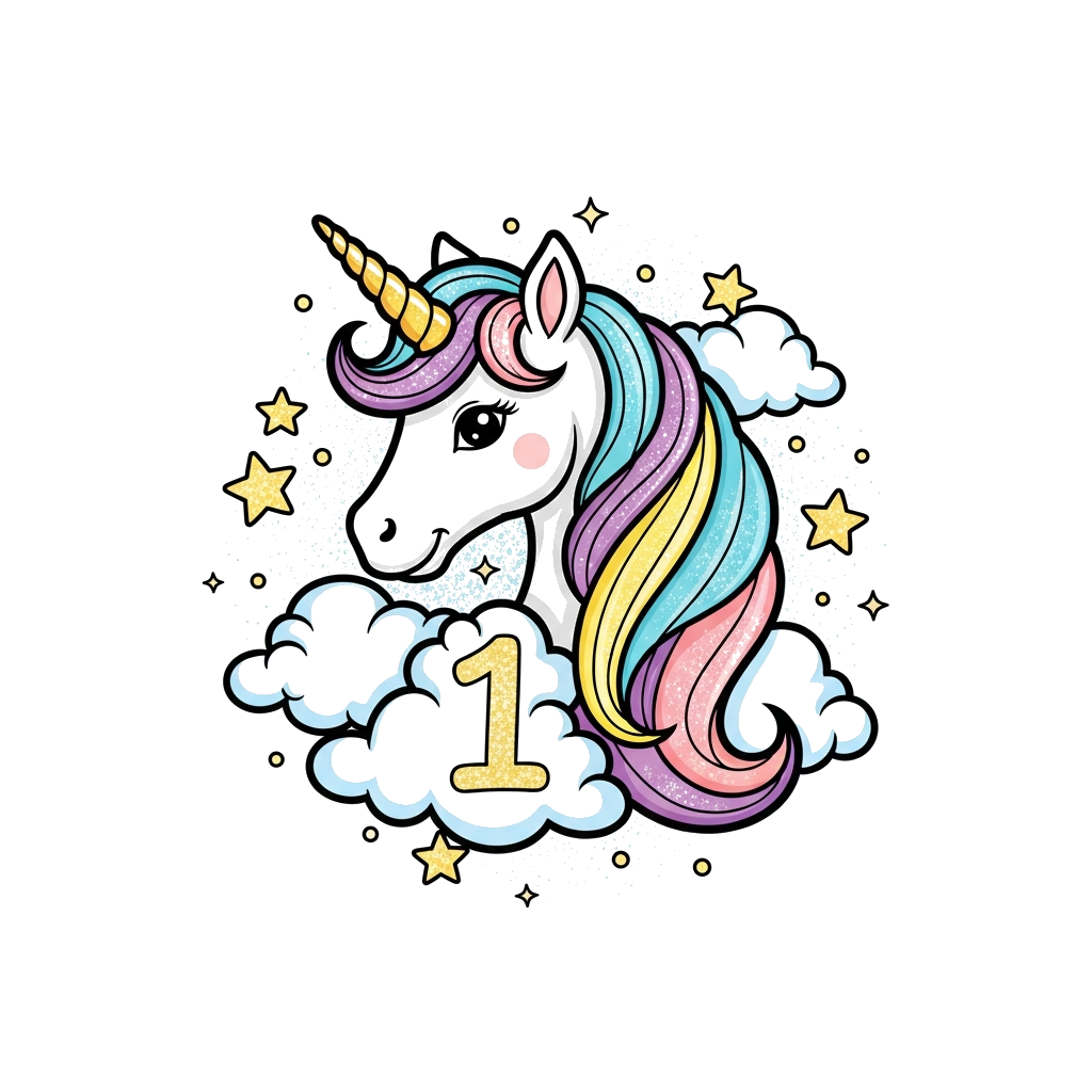 Custom design: A whimsical, sparkly unicorn with a golden horn and a flowing rainbow mane, surrounded by twinkling stars, soft cloud...