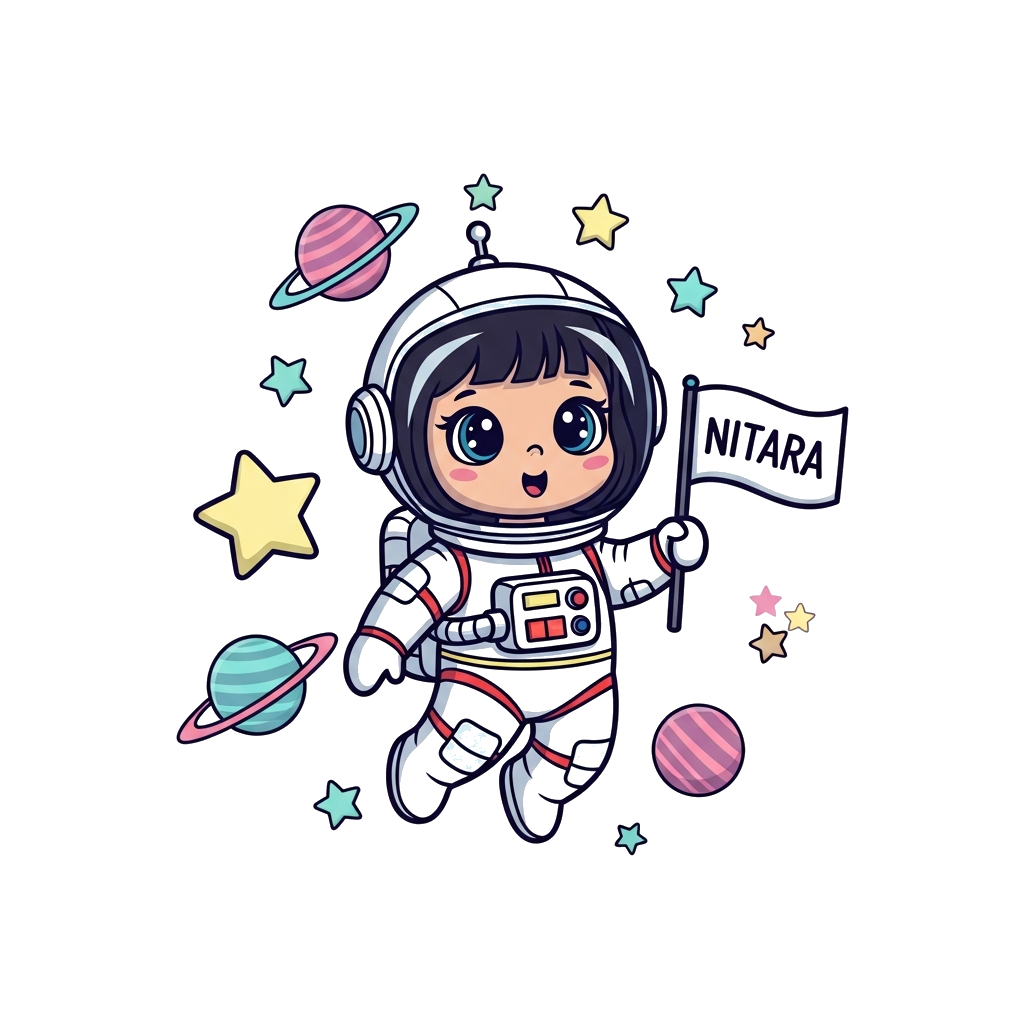 Custom design: A cute cartoon astronaut girl with big, curious eyes, floating among whimsical stars and planets, holding a flag that...
