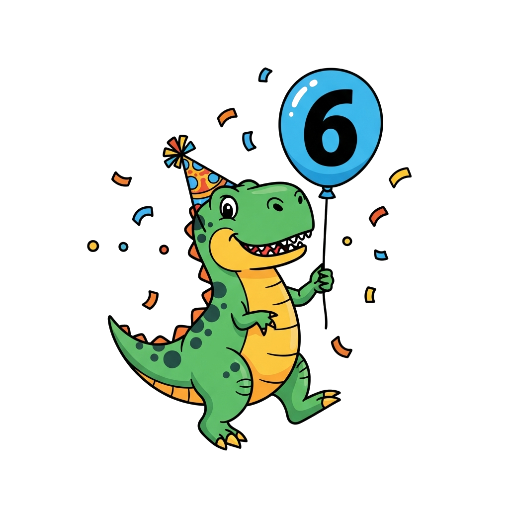 Custom design: A cheerful cartoon T-Rex wearing a party hat, playfully holding a '6' balloon, surrounded by orange and blue confetti...