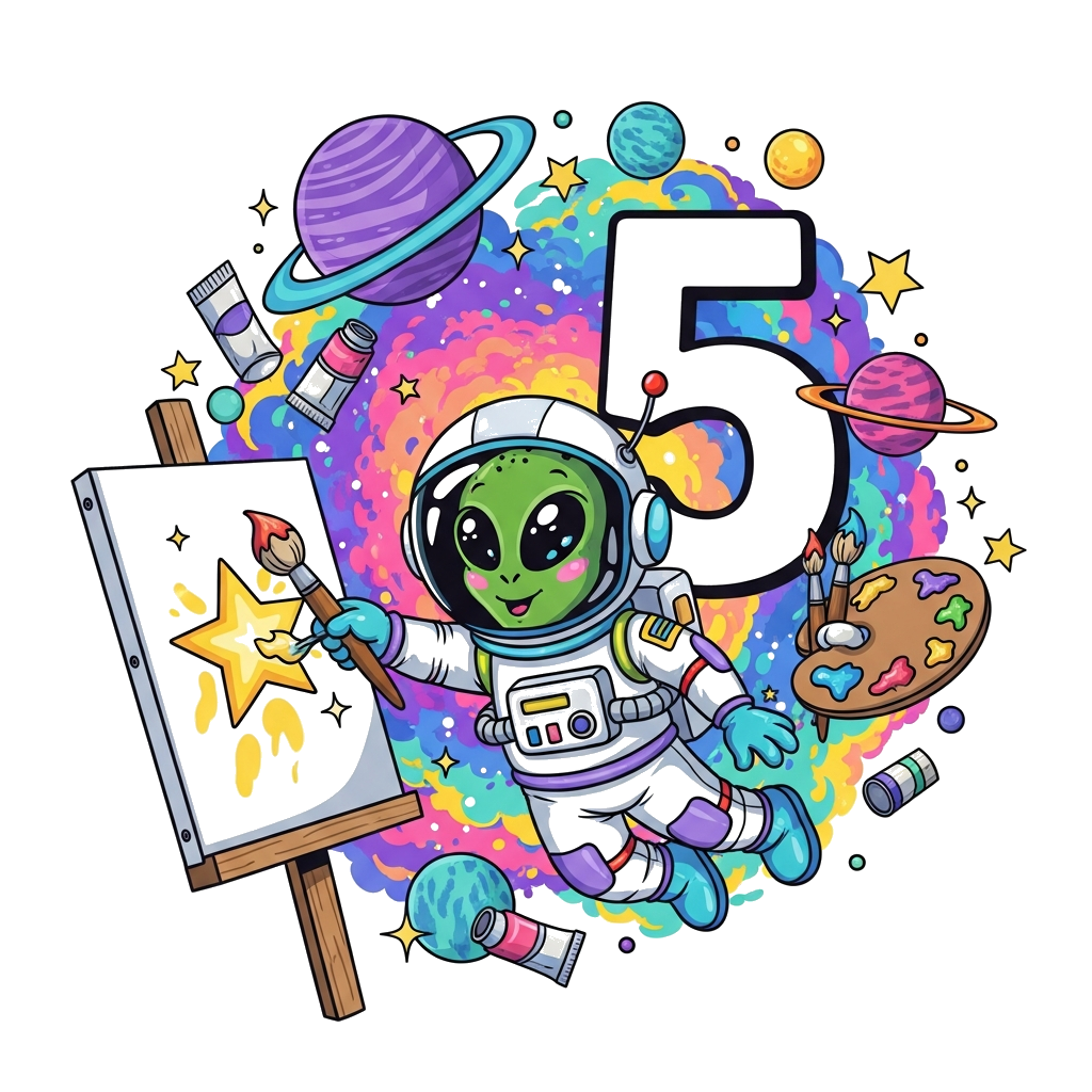 Custom design: A vibrant and colorful illustration of a cheerful cartoon alien astronaut floating in a nebula, holding a paintbrush ...