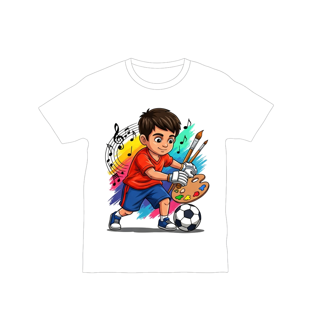 Custom design: A realistic and detailed illustration of a young boy, Thanmay B S, engaged in a dynamic sports activity like playing ...