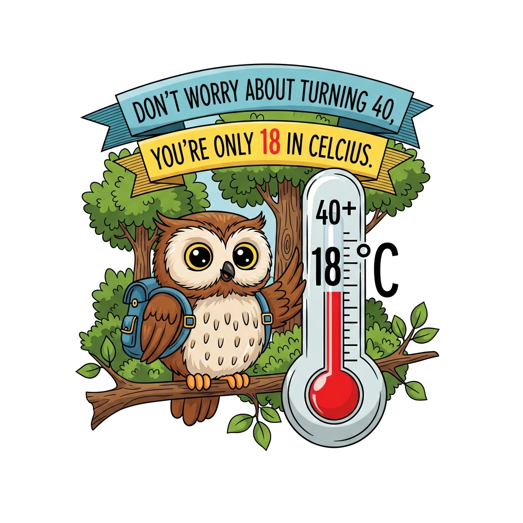 Custom design: A cheerful, wise-looking cartoon owl wearing a tiny backpack, perched on a branch in a lush forest. Next to the owl, ...
