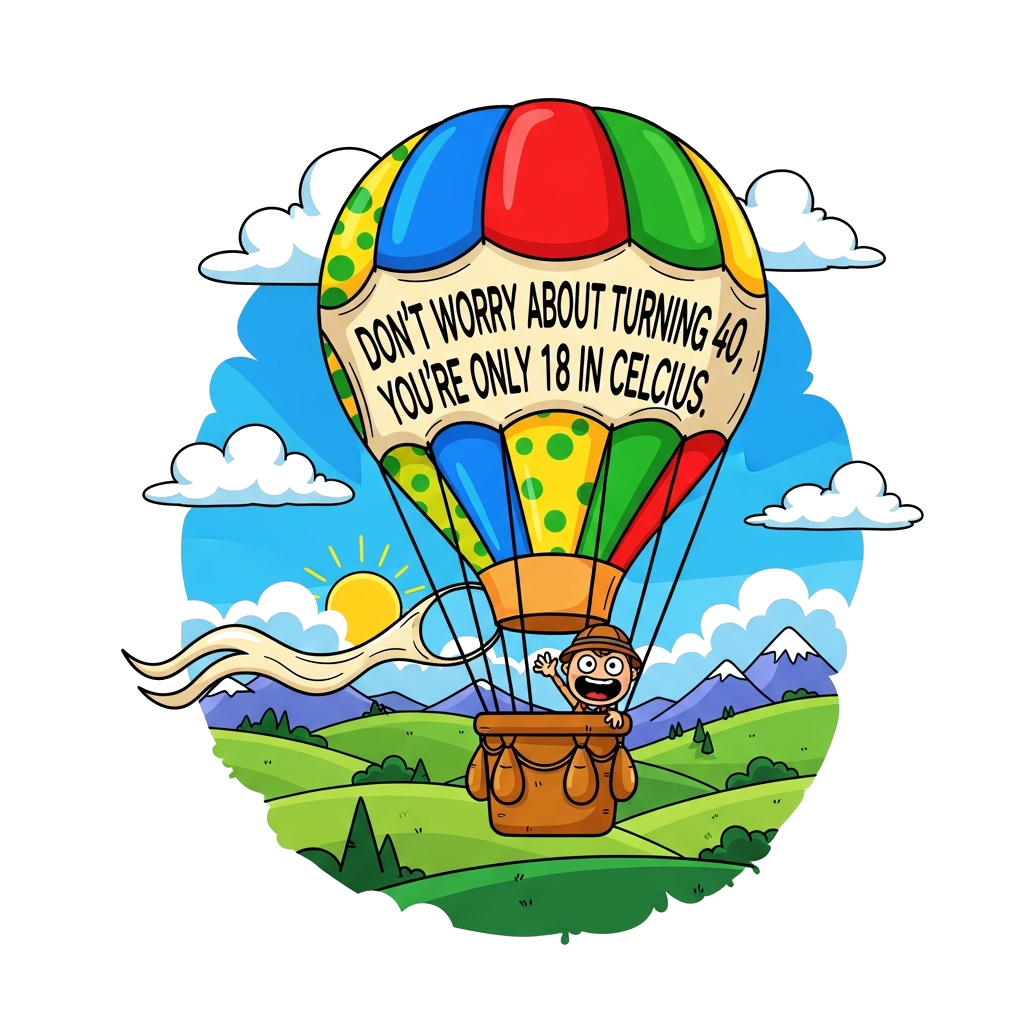 Custom design: A vibrant cartoon hot air balloon soaring over rolling green hills and distant mountains. The basket of the balloon h...