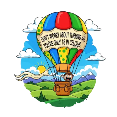 Design: A vibrant cartoon hot air balloon soaring over rolling green hills and distan...