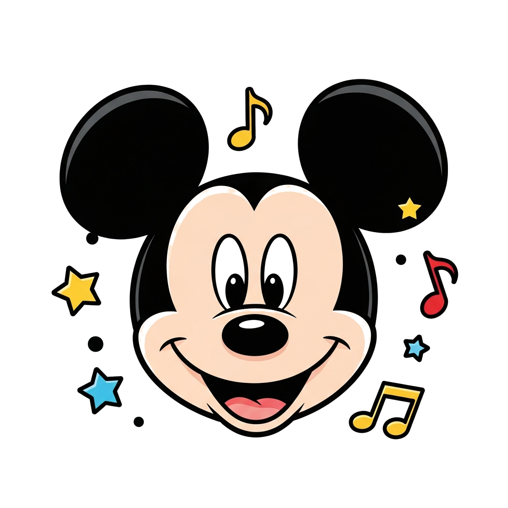 Custom design: A cheerful, cute cartoon Mickey Mouse face with big expressive eyes, smiling widely, surrounded by a few playful star...