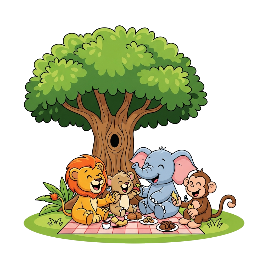 Custom design: A cheerful group of cartoon jungle animals (lion cub, baby elephant, playful monkey) having a picnic under a big tree...