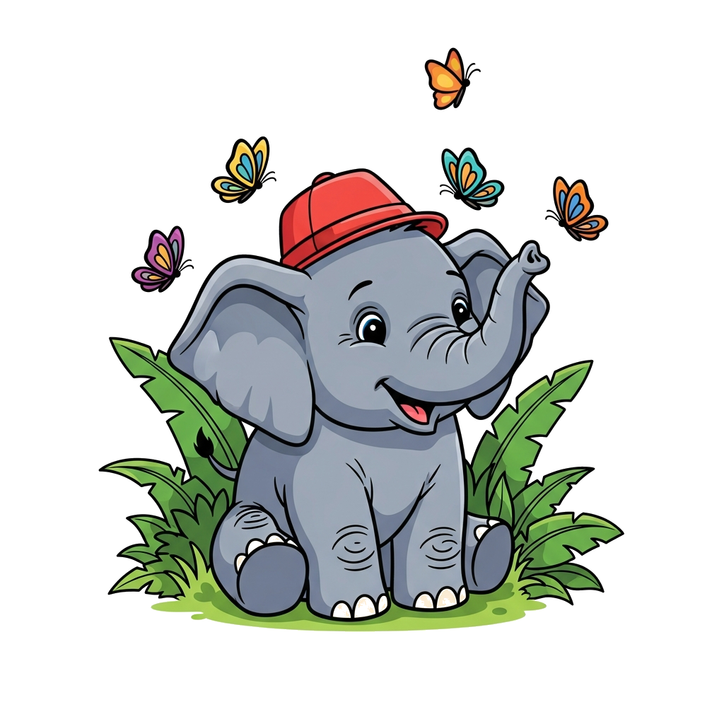 Custom design: A super cute baby elephant, cartoon style, playing with colorful butterflies in a lush green jungle. Bright and cheer...